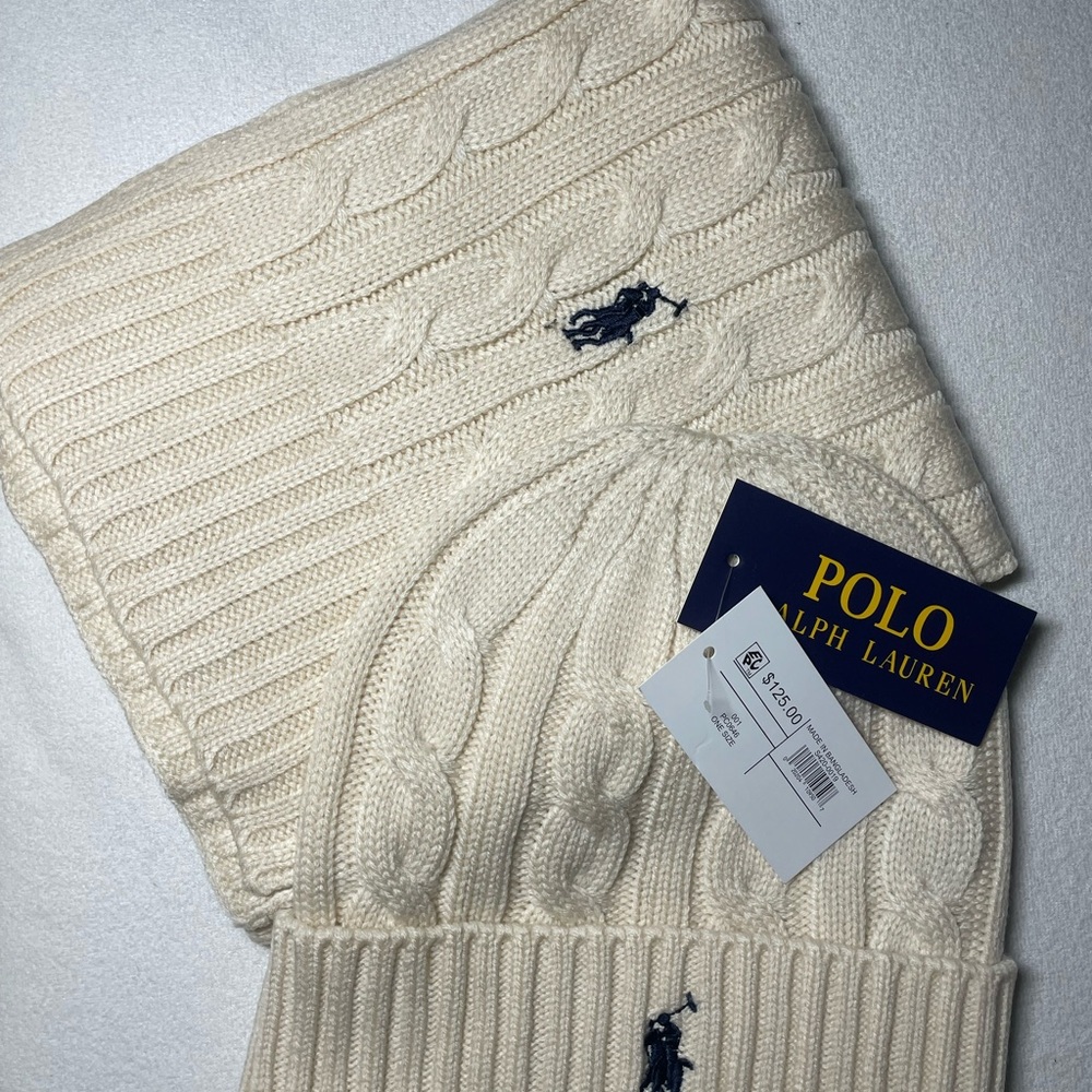 Ralph Lauren Cream Cable Knit Scarf and Beanie Set